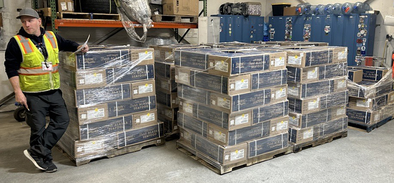 Boxes of fresh salmon in the Alaska Air Cargo Cordova (CDV) station.