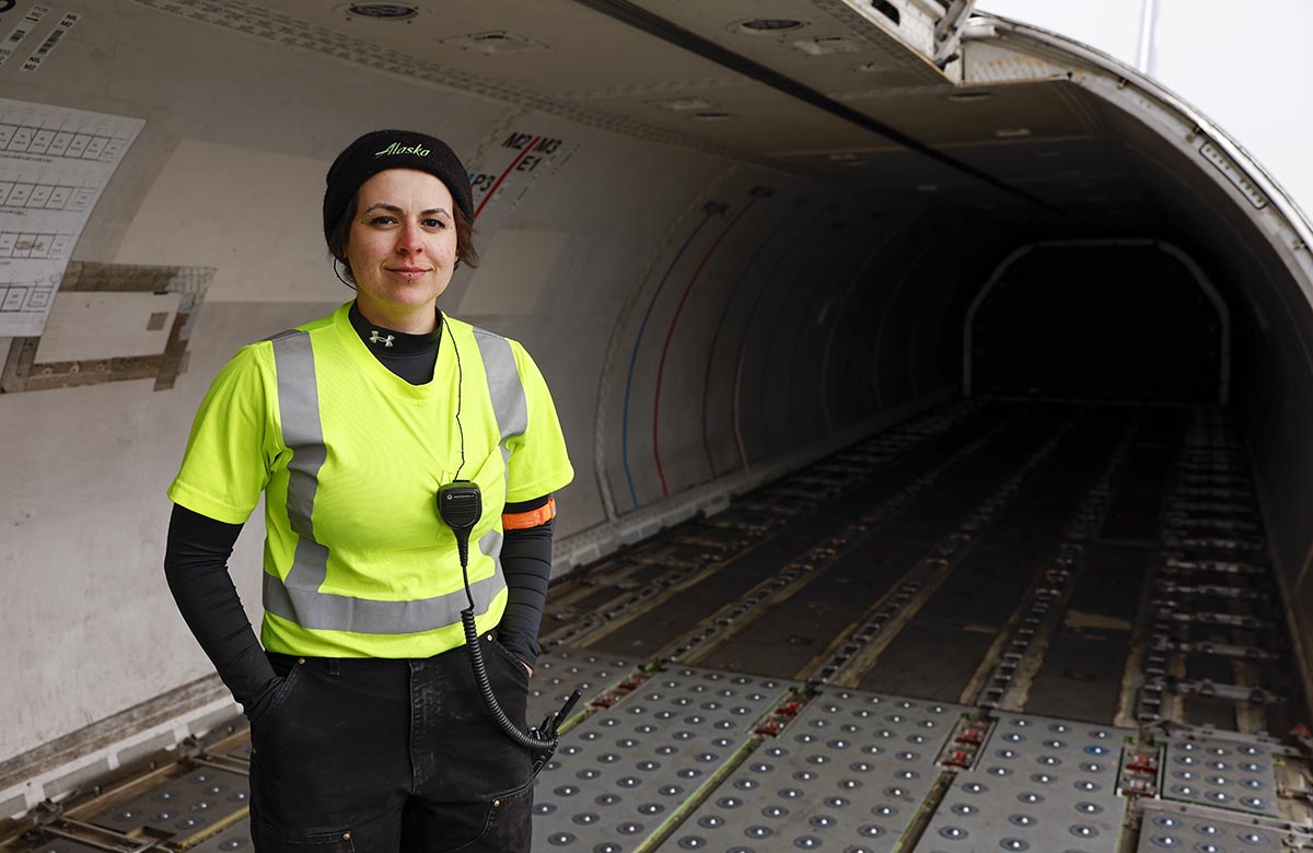 Auk Tozier inside an empty Alaska Air Cargo freighter.